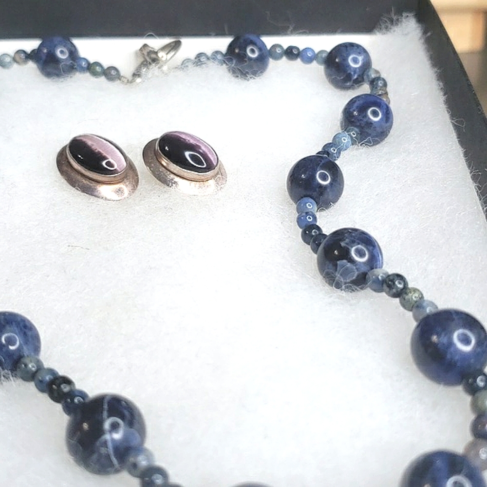 CATS EYE SODALITE STERLING SILVER EARRINGS & Necklace